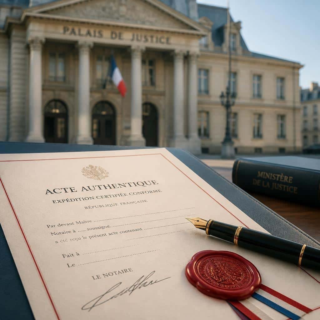 Atto notarile con sigillo di ceralacca davanti al Palazzo di Giustizia in Francia