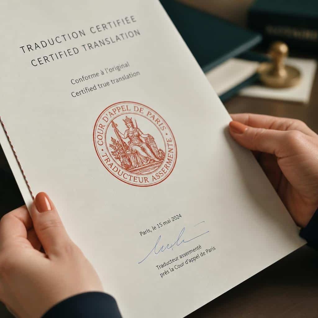 Certified translation document with official Court of Appeal of Paris seal held in hands