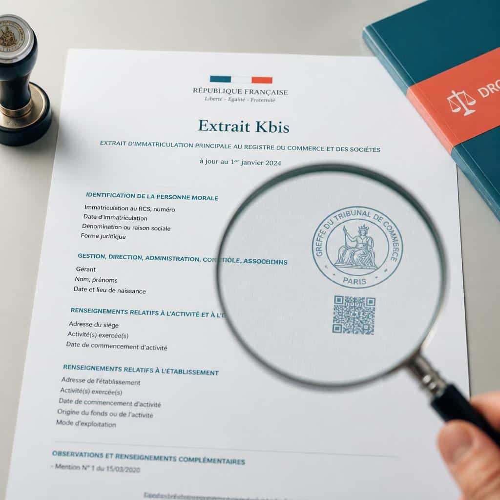 Loupe examinant un extrait Kbis officiel avec le sceau du tribunal de commerce